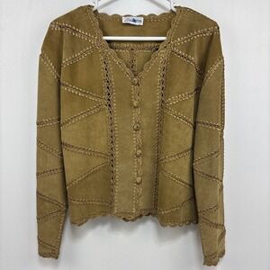 VTG Gantos Boho‎ Hippie Leather Crochet Jacket Women's Size M Camel Color READ